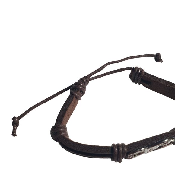 Leather Bracelet Intertwined Hearts Adjustable Brown Dark Silver Tone Jewelry - Picture 3 of 5